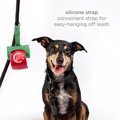 Ubbi Retractable Dog Poop Bag Holder and Dispenser with Silicone Strap Leash Attachment, Includes 2 Rolls of Lavender Scented Leakproof Waste Bags, Green