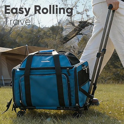 FUKUMARU Cat Carrier with Wheels, 18x11x11 Expandable Soft Cat Travel Carrier, Airline Approved Dog Carrier, Sturdy Rolling Cat Carrier with Anti-Scratch Mesh, Escape-Proof Pet Carrier for Cat, Blue