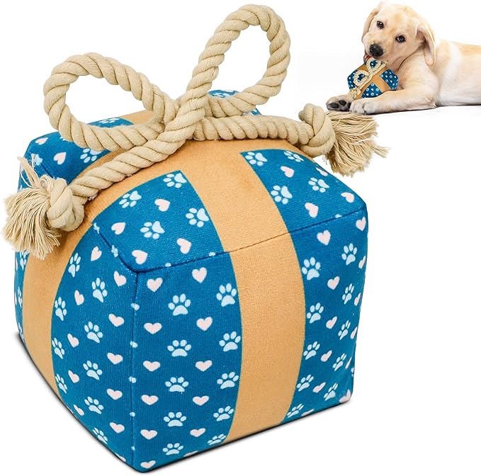 Gift Box Dog Birthday Toy – Cute Plush with Squeaker, Rope & Crinkle, Birthday Gift for Dogs