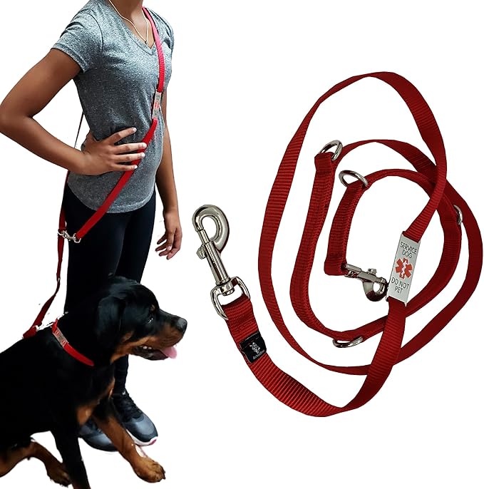 ActiveDogs Hands Free Dog Leash Crossbody 7ft - Premium Service Leash With Chrome 'Service Dog Do Not Pet' Tag - Strong 3/4" Nylon, Double Stitched, Red