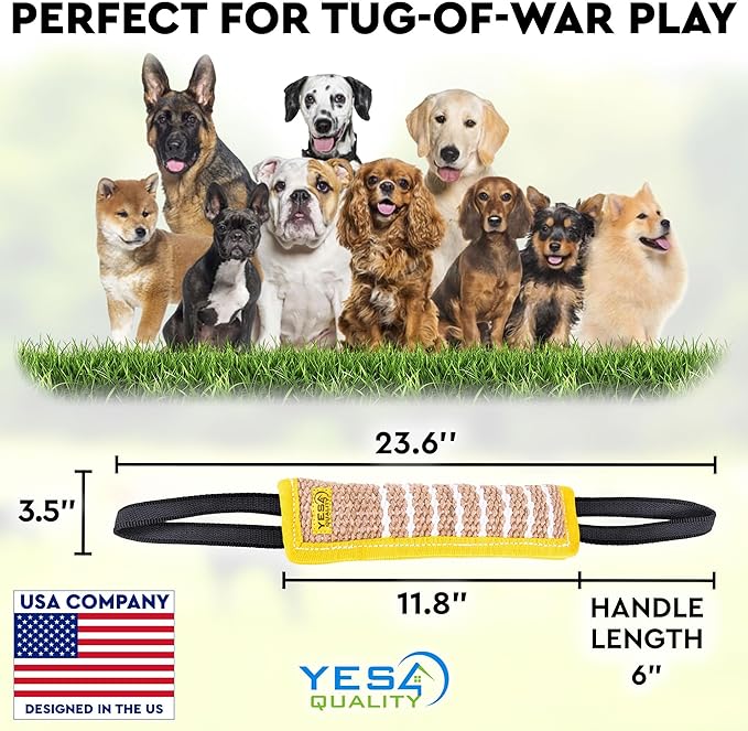 Dog Bite Tug Toy 12 x 3.2 Inches - Durable Pull Toy with 2 Soft & Strong Handles - Tough Jute Bite Pillow for Medium to Large Dogs - Ideal for Tug of War, Fetch, K9, Puppy Training & Interactive Play