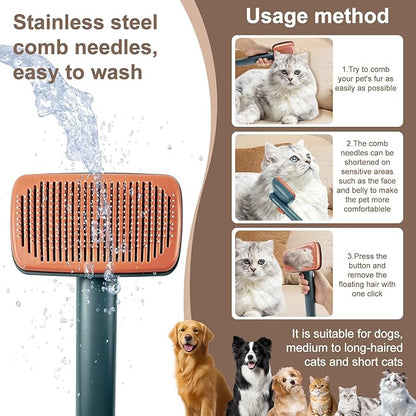 Self Cleaning Deshedding Cat Brush for Dogs & Cats,Adjustable Cat Brushes for Indoor Cats, Easy to Clean Grooming Tool for Long & Short Haired Pets