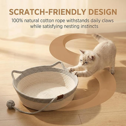 Handwoven Cat Basket with Toy Rope Ball, Foldable Scratchable Cat Hammock Bed, Breathable Cat Basket for Indoor Play Rest Sleeping (Brown)