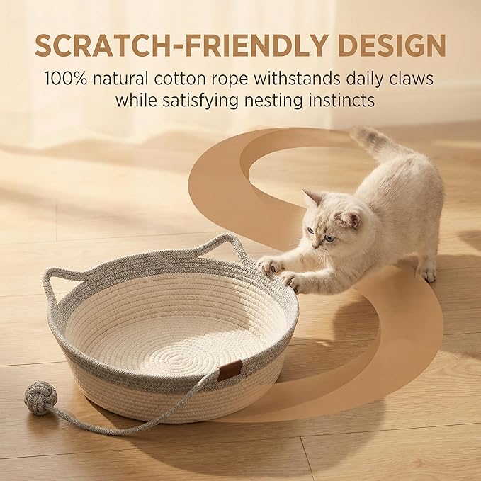 Handwoven Cat Basket with Toy Rope Ball, Foldable Scratchable Cat Hammock Bed, Breathable Cat Basket for Indoor Play Rest Sleeping (Grey)