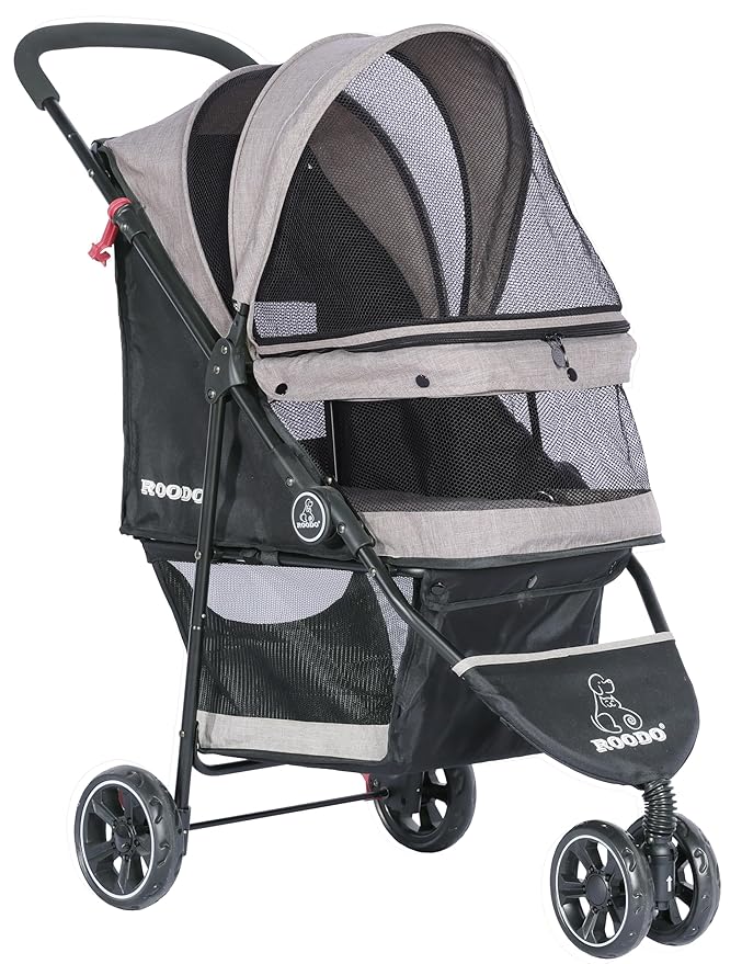 ROODO 3 Wheel Dog Pet Cat Stroller Best Lightweight Foldable Compact Portable Jogger All Terrain Travel Pet Gear Puppy Kitty Stroller for up to 30lbs Medium Small Dogs and Cats(Light Khaki)