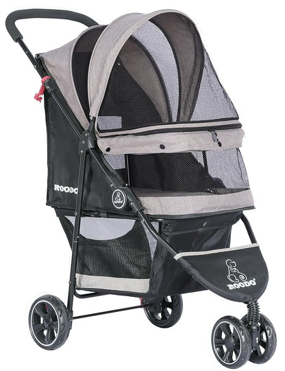 ROODO 3 Wheel Dog Pet Cat Stroller Best Lightweight Foldable Compact Portable Jogger All Terrain Travel Pet Gear Puppy Kitty Stroller for up to 30lbs Medium Small Dogs and Cats(Light Khaki)