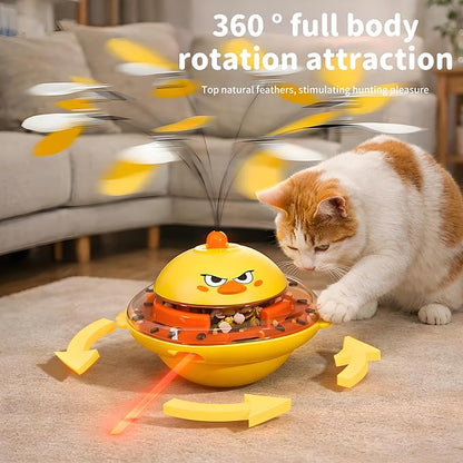 hooroor 4-in-1 Automatic Cat Toy, Interactive Laser & Feather Teaser with Bird Sounds & Treat Reward, Self-Balancing 360° Spinning Enrichment Exercise Toy for Bored Indoor Cats & Kittens