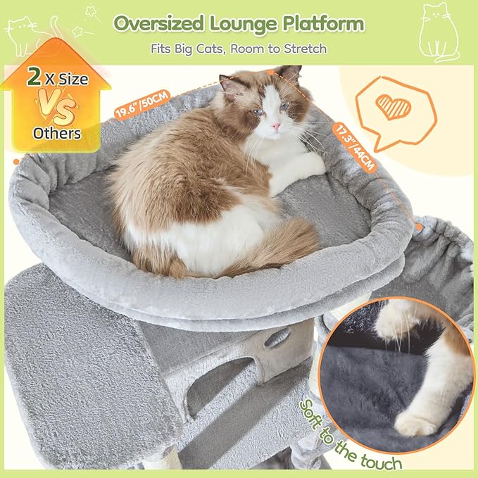Taoqimiao 72 Inch Cat Tree, XXL Cat Tower for Indoor Cats Large Adult 25Lbs+, Extra-Large Platform, 2 Cat Houses, 7 Scratching Post, Extra-Sized Durable Hammock, Cozy Basket, Light Gray, F20W