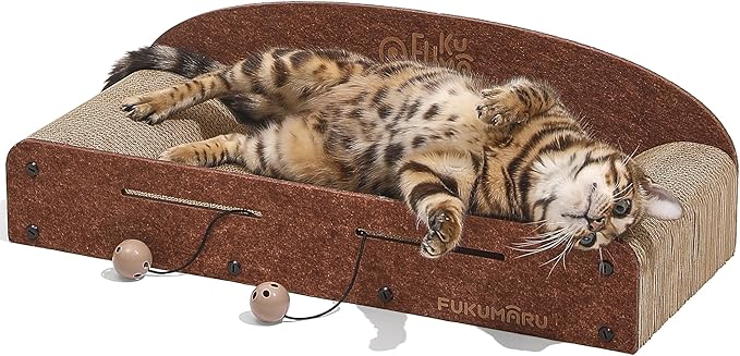 FUKUMARU 26 Inch Cat Scratcher Bed, 2 Reversible Cardboard Cat Scratch Pads Refill for Indoor Cats, Durable Large Cats Scratching Bed Sofa Couch Lounger with Fun Toys, Furniture Protector, Caramel