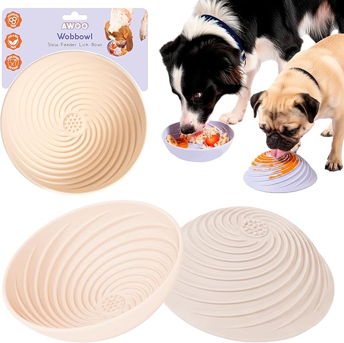 Awoo Wobbowl - Silicone Dog Lick Mat and Slow Feeder Bowl - Dishwasher Safe Pet Dish - Extends Mealtime for Fast Eaters & Reduces Anxiety - for Wet & Dry Food (Almond)