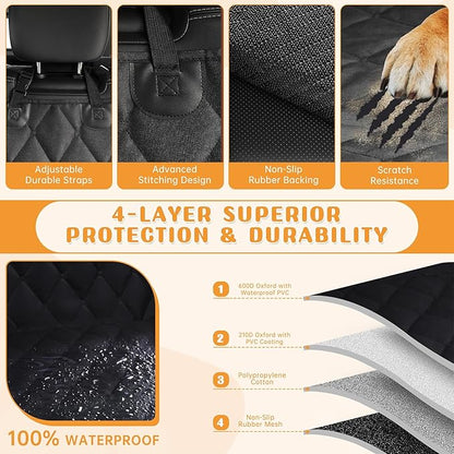 Dog Car Seat Cover for Back Seat 100% Waterproof, Long-Lasting and Soft Nonslip Backseat Dog Cover for Cars, SUVs and Trucks, 600D Oxford Fabric, Black, Standard (54" W x 59" L)