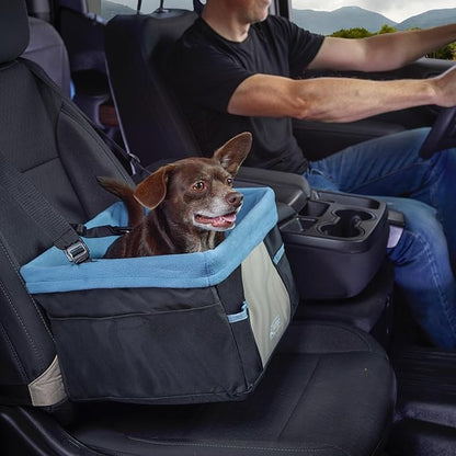 Kurgo Dog Booster Seat - Keeps Dogs Secure & Comfortable - Waterproof Exterior - Removable Washable Liner - Dog Car Seat with Harness Strap - Collapsible - Rover Style - Black/Blue