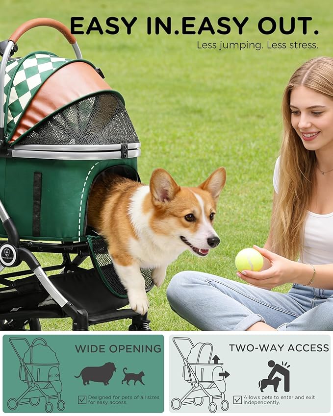 GTPLAYER Pet Stroller for Dogs & Cats, 3-in-1 Foldable Pet Stroller with Detachable Carrier, 360° Swivel Front Wheels & Rear Brakes, Up to 45 lbs, Green