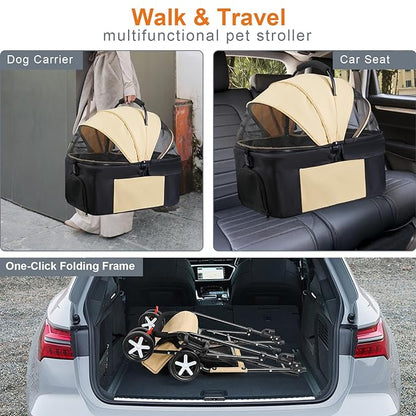 3 in 1 Pet Dog Stroller for Small Medium Dogs 10-50 lbs, Foldable Cat-Strollers for 2-Cats with Removable Carrier, Pet-Strollers for Cats with Storage Bag, Small Puppy-Stroller, Dog-Cart (Brown)