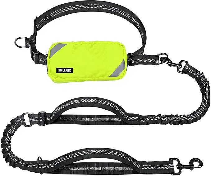 Hands Free Dog Leash with Waterproof Pouch, Adjustment Bungee Leash with Dual Soft Padded Handles for Hiking, Walking, Jogging and Running Your Dogs(neon Green)