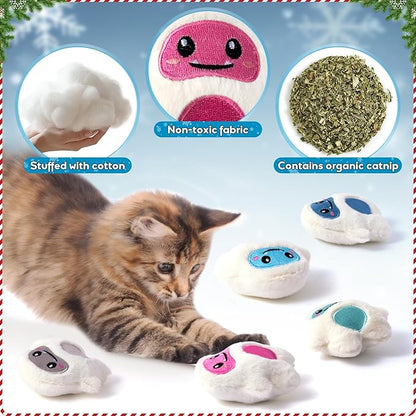 MALLMALL6 Snow Monster Catnip Toys - 5Pcs Funny Catmint Interactive Cat Toy for Indoor Kitten, Soft Plush with Cute Expression Supplies, Kitty Teething Chew Toy Set Xmas Gifts for Cat Lover