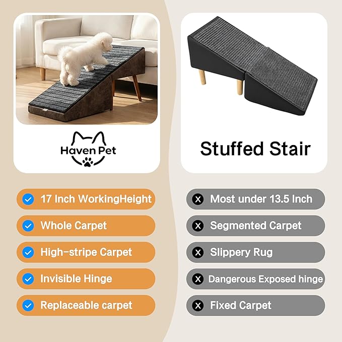 Dog Ramp for Bed and Couch,Wooden Foldable Dog Ramp,17 Inch Working Height, Non-Slip Ramp with Replaceable Carpet for Small Senior Dogs, Furniture Ramp Protect Joints(Brown XL 17" H)