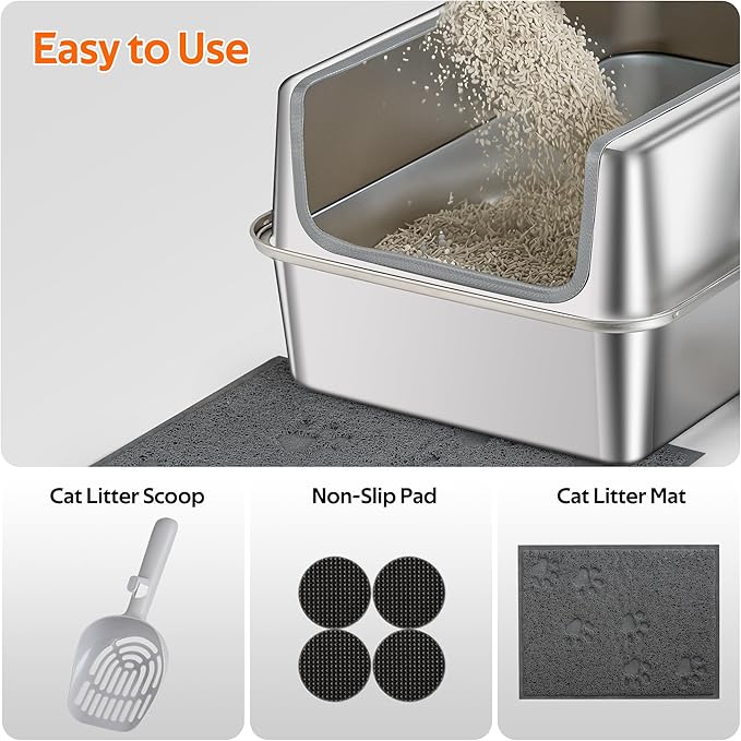 Stainless Steel Litter Box with Metal Lid and Scoop - Enclosed Metal Litter Box for Large Cats, Rust-Resistant, Odor-Control, Easy to Clean, Durable & Long-Lasting with Round Edge (XL-)