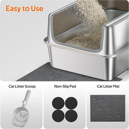 Stainless Steel Litter Box with Metal Lid and Scoop - Enclosed Metal Litter Box for Large Cats, Rust-Resistant, Odor-Control, Easy to Clean, Durable & Long-Lasting with Round Edge (XL-)