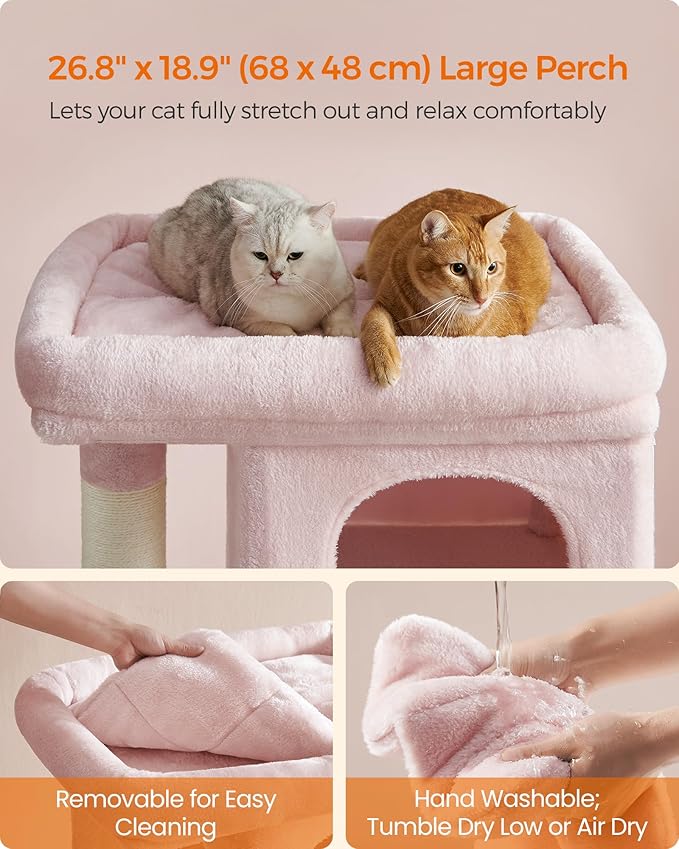 Feandrea Cat Tree, 40.6-Inch Cat Tower, Plush Condo for Extra Large Cats up to 44 lb, Large Perch, 2 Caves, Scratching Post, Jelly Pink UPCT614P01