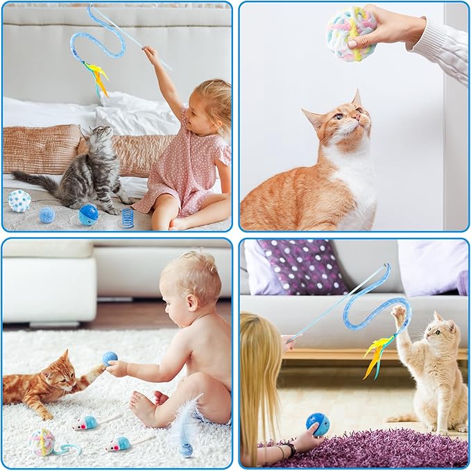 MALLMALL6 Cat Toy Set Interactive Cat Toys 10Pcs Pack Including Cat Springs Feather Teaser Wand Mice Crinkle Balls and Pet Bell Balls, Puzzle Interactive Pet Gift Pack Toys for Indoor Kitten (Blue)
