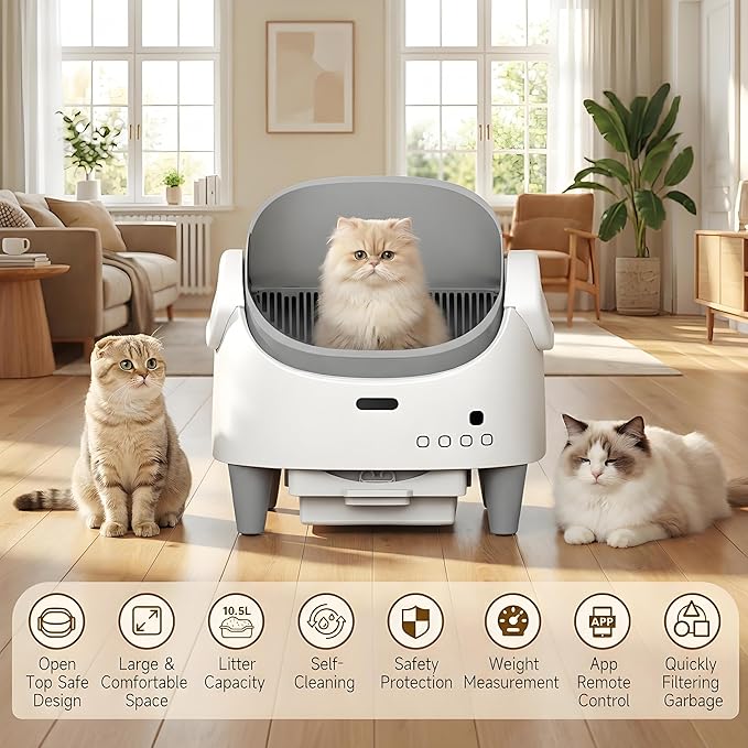 Automatic Cat Litter Box, Self-Cleaning Litter Box with Open-Top Design, 15-Layer Safety Protection System & Smart App Control, Electric Cat Litter Box with Adjustable Entry Height & Odor Control