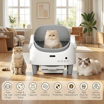 Automatic Cat Litter Box, Self-Cleaning Litter Box with Open-Top Design, 15-Layer Safety Protection System & Smart App Control, Electric Cat Litter Box with Adjustable Entry Height & Odor Control