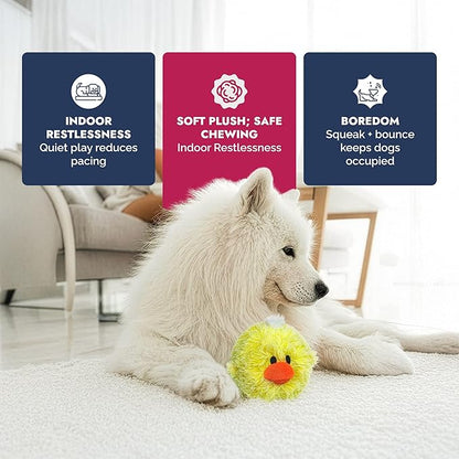 Pet Lou DOG'Z 4 Inch EZ Squeaky Chick Dog Plush Toy, Stuffing-Free Soft Plush, Durable Bouncy Squeaker Ball, Floats in Water, for Small & Medium Dogs, Yellow