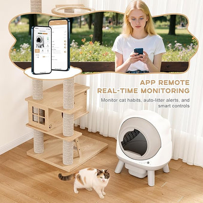 Greesum Smart Self-Cleaning Litter Box with App Control and Safety Sensor |Ideal for Multi-Cat Households | Health Monitoring Features, Set Includes Leak-Proof Mat and Litter Bags
