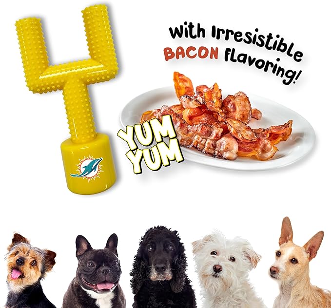 NFL Miami Dolphins Mega- Chew Hard Nylon Bacon-Flavored Dog Bone Football Goal Post Chew Toy. Interactive Tasty Fun Dog Chew Toy. Indestructible Strong and Durable Pet Chew Toy. Extra Tough Dog Toys