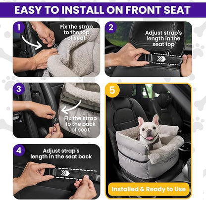 BurgeonNest Dog Car Seat for Small Dogs up to 25 lbs - Washable Pet Booster Seat with Safety Leash & Storage Pockets, Grey