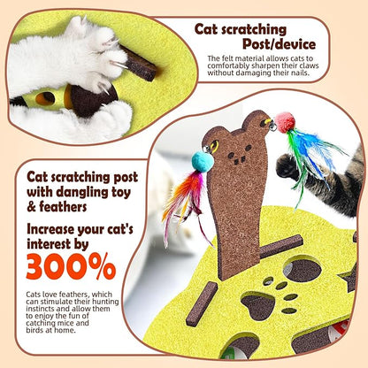 Interactive Felt Cat Maze Box with Cartoon Cat-Shaped Post, Fish-Shaped Puzzle ExerciseHide Seek Moving Toy for Cats, Mental Enrichment Self-Play Toy Encourages Hunting Instincts with 4 Balls