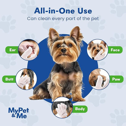 My Pet & Me Pet Glove Wipes for Dogs & Cats, No-Rinse Instant Bath Cleaning Gloves, Soap-Free Grooming Mitts, Individually Wrapped for Travel, Olive & Jojoba Oils, 6 Count
