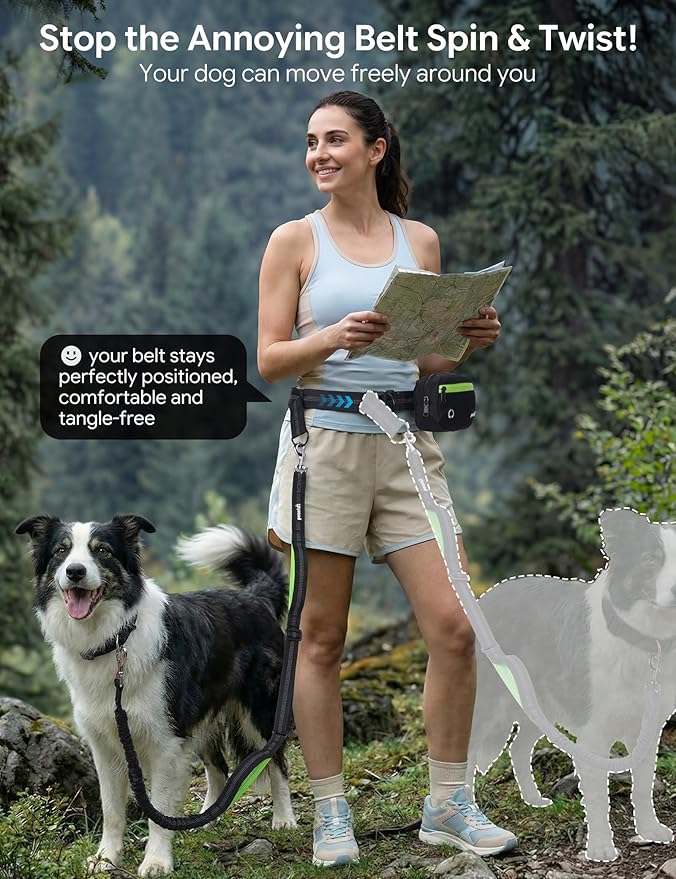 Hands Free Dog Leash, Running Waist Belt with Pouch Removable & Multifunctional| Shock Absorbing Bungee| Thickened Lumbar pad & Comfortable Dual Handles|Dog Walking, Training for 11-33lbs Puppy