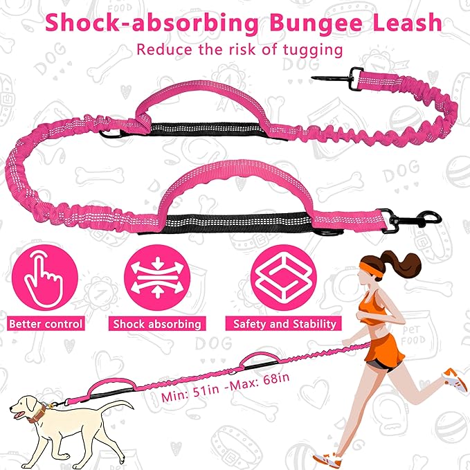 Hands Free Dog Leash with Zipper Pouch, Running Waist Leash for Dog Walking, Adjustable Waist Belt for Large Dogs, Reflective Bungee Design with Two Handle for Hiking, Training, Hot Pink