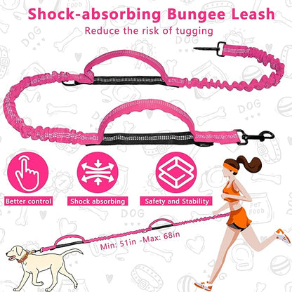 Hands Free Dog Leash with Zipper Pouch, Running Waist Leash for Dog Walking, Adjustable Waist Belt for Large Dogs, Reflective Bungee Design with Two Handle for Hiking, Training, Hot Pink