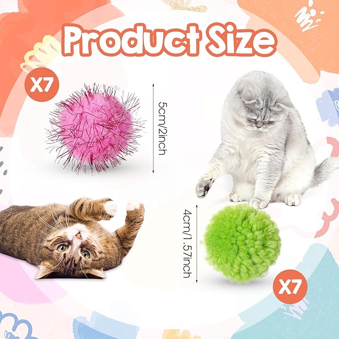 14 PCS Cat Toy Balls, 7 PCS Cute Sparkle Fuzzy Balls for Cat 7 Pieces Soft Cats Toys Yarn Puffs Ball Small Plush Cats Toy Ball for Kitten Pet Chase Play Interactive, Multicolor