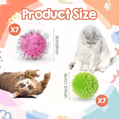 14 PCS Cat Toy Balls, 7 PCS Cute Sparkle Fuzzy Balls for Cat 7 Pieces Soft Cats Toys Yarn Puffs Ball Small Plush Cats Toy Ball for Kitten Pet Chase Play Interactive, Multicolor