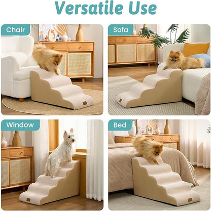 Dog Stairs for Small Dogs 15.7" H, 4-Step Sturdy Foam Dog Steps for Couch and Bed, Curved Pet Stairs for Puppy and Older Cat, Doggie Ladder with Washable Cover, 15.7x28.3x15.7 inch, Beige