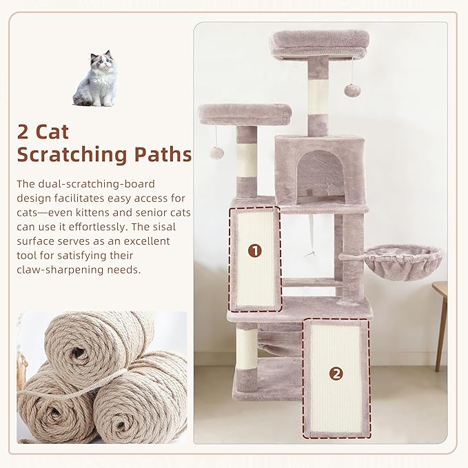 Multi-Level Cat Tree for Indoor Cats, Cat Tower with 2 Scratching Boards, 2 Plush Padding Platforms, Cat Condo House with Hammock, Basket, Muchroom GCT022MU