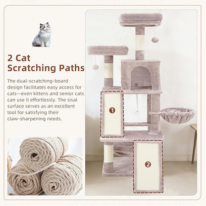 Multi-Level Cat Tree for Indoor Cats, Cat Tower with 2 Scratching Boards, 2 Plush Padding Platforms, Cat Condo House with Hammock, Basket, Muchroom GCT022MU