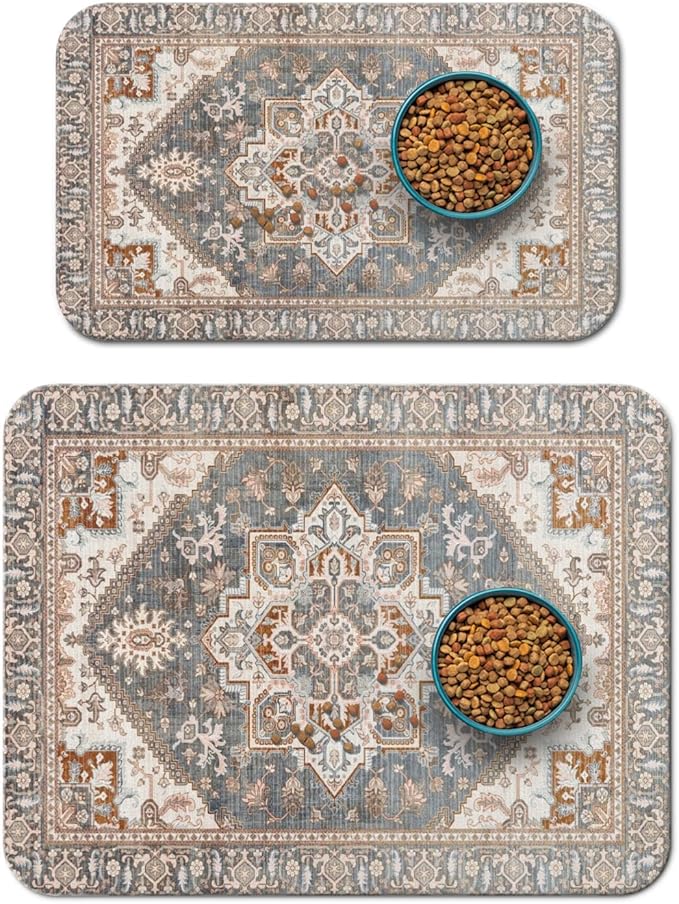 2 Pack Dog Food Mats for Floors, Absorbent and Quick-Drying Pet Cat Food Mat,Anti-Fouling and Easy-to-Clean Pet Feeding Mat,Dog Bowl Mat for Messy Drinking Water Bowls.12 x20+18"x24", Bohemia Style