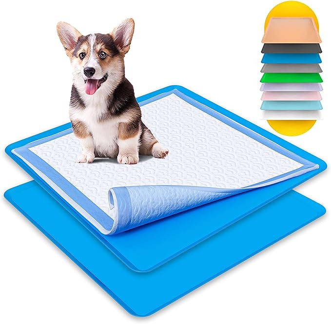 TidyFriend 2 Pack Dog Pee Pad Holder Tray - Fits Up to 24” x 24” Pee Pad Holder for Dogs - Stable Grip, Raised Edges, Quick-Wipe Silicone Surface Dog Pad Holder for Indoor (Dark Blue)