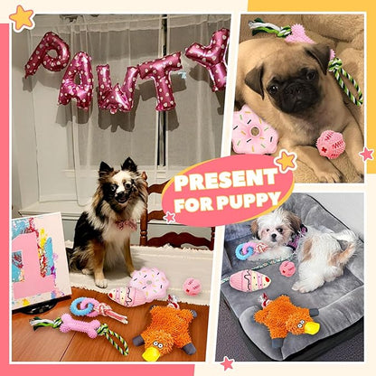 9 Pack Dog Toys for Small Dogs & Puppies Puppy Chew Toys for Teething No Stuffing Squeaky Rubber Chew Toys with Duck Toy, Donut, Cake, Dog Bone & Treat Ball for Calming Chewing Fun