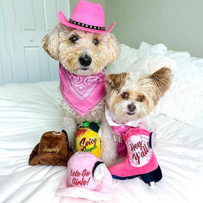 Haute Diggity Dog Cowgirl Hat Plush Dog Toy for Medium & Large Dogs, Western-Inspired Stuffed Dog Toys with Interactive Squeaker, Mesh Lining, Machine-Washable, Durable & Safe, One Size, Pink