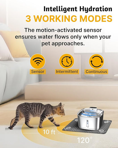 [Upgraded] Wireless Cat Water Fountain, 3.2L/108oz Battery Operated Pet Fountain Stainless Steel, Automatic Cat Drinking Fountain Cordless & Rechargeable with Motion Sensor, 2 Filters and 1 mat