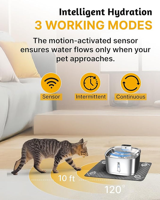 [Upgraded] Wireless Cat Water Fountain, 3.2L/108oz Battery Operated Pet Fountain Stainless Steel, Automatic Cat Drinking Fountain Cordless & Rechargeable with Motion Sensor, 2 Filters and 1 mat