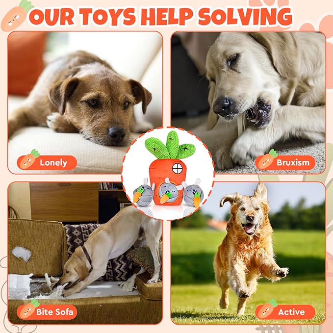 Hide and Seek Squeaky Dog Plush Toy Carrot and Bunny Set, 4 Pack Dog Puzzle Toys for Training and Cleaning, Interactive Tough Dog Toy for Small Medium Dogs