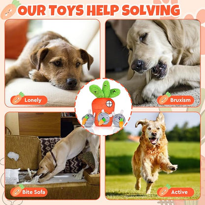 Hide and Seek Squeaky Dog Plush Toy Carrot and Bunny Set, 4 Pack Dog Puzzle Toys for Training and Cleaning, Interactive Tough Dog Toy for Small Medium Dogs