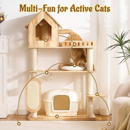 58" Tall&Wide Solid Wood Cat Tree Tower for Indoor Cats, Modern Cat Tree Open-Style Cat Villa Condo with Scratching Posts & Board, Cat Beds, Multi-Level Cat Furniture with Space for Litter Box